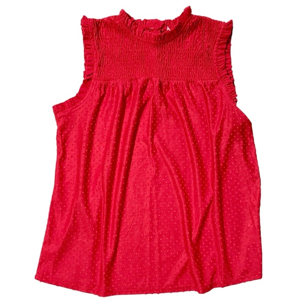 NWT NY Collection Red Smocked Swiss Dot Sleeveless Blouse Medium